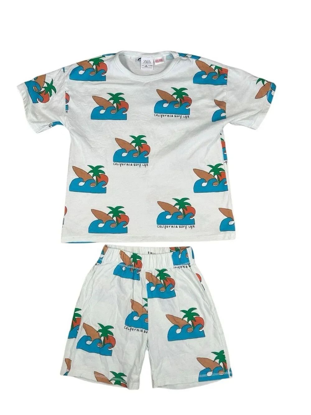 zara blue palm tree waves surfboard print matching set outfit shorts/t-shirt 6